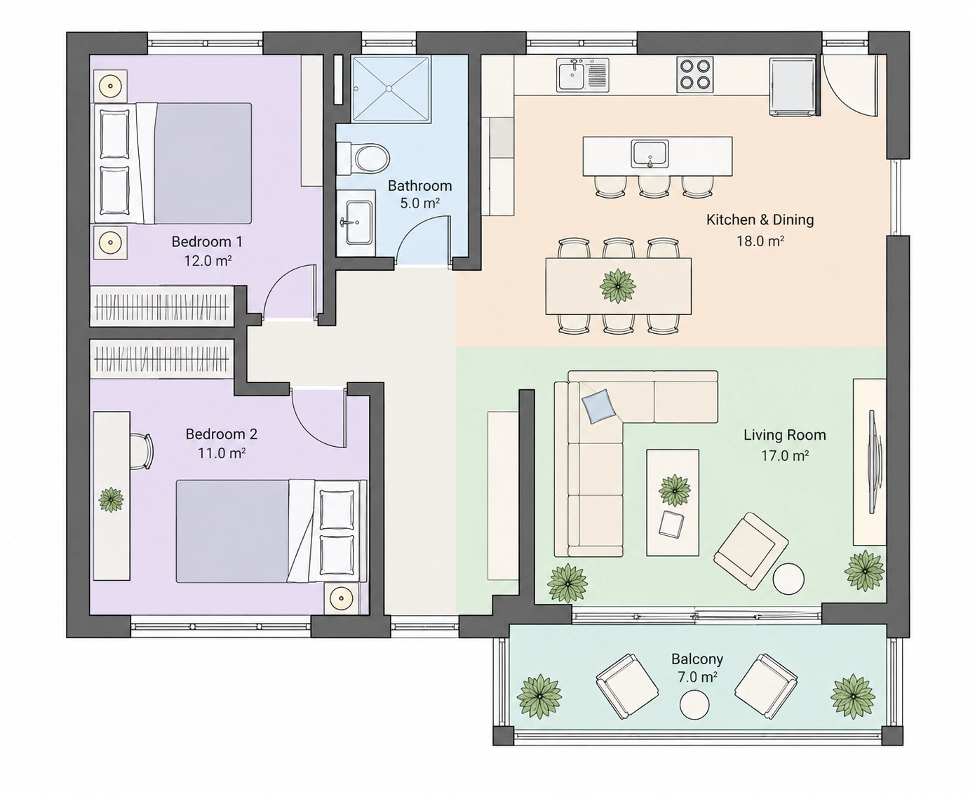 The same two-bedroom apartment as a Colored 2D floor plan
